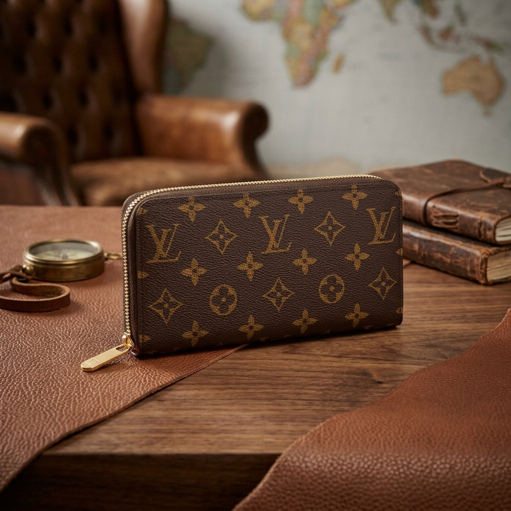Louis Vuitton Zippy Wallet in Monogram coated canvas with zip-around closure, front view