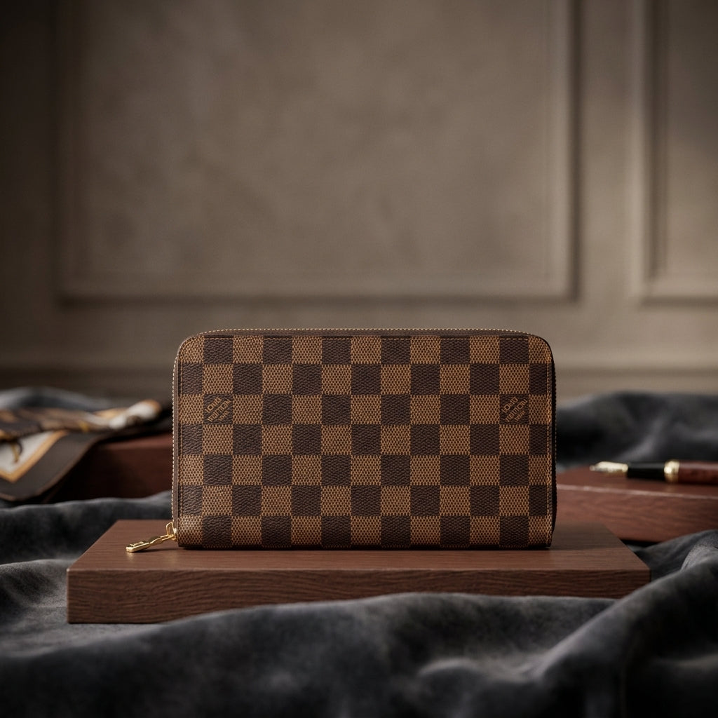 Louis Vuitton Zippy Organizer wallet in Damier Ebene canvas with gold-tone zip-around closure