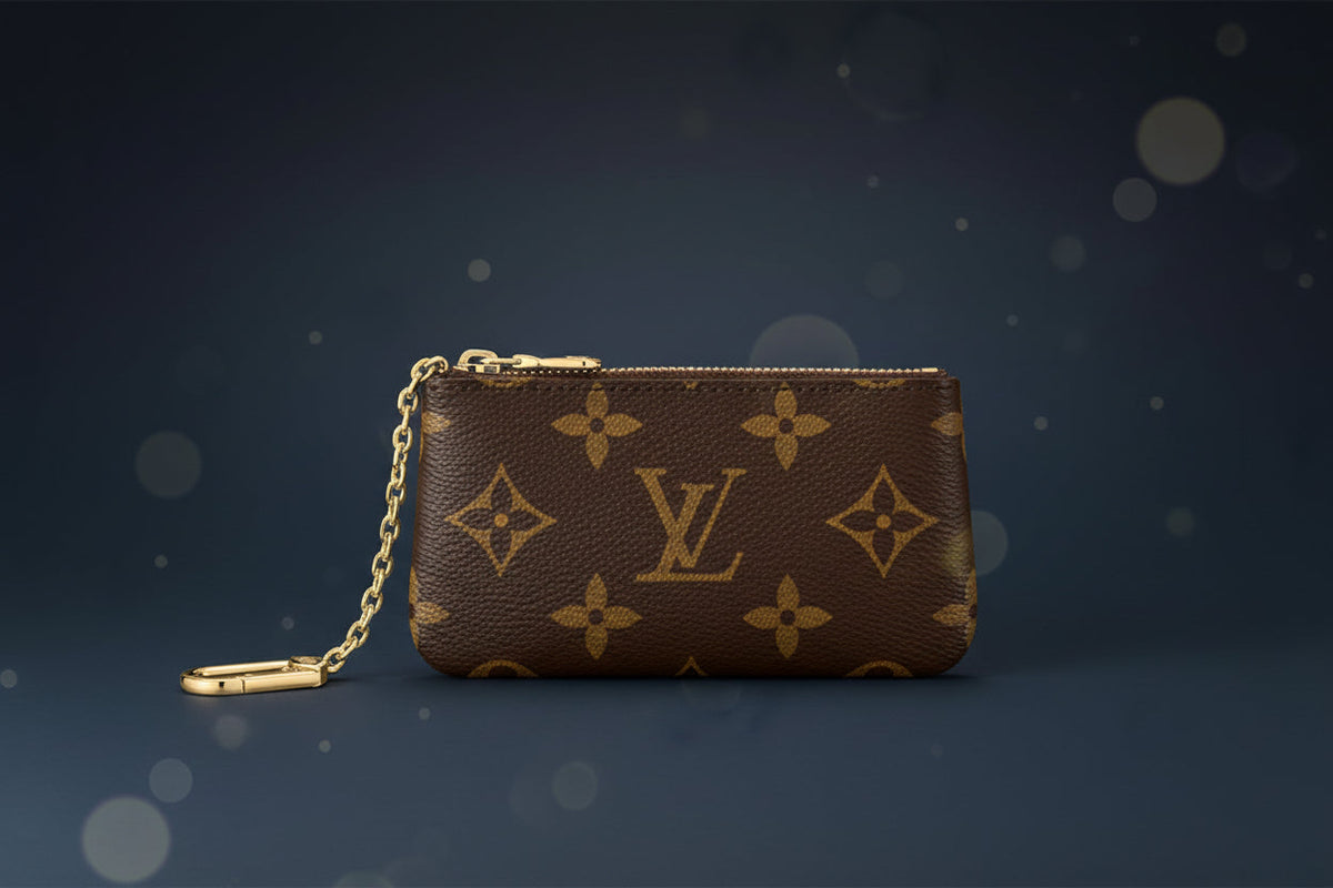 Louis Vuitton Pochette Clés key pouch in brown Monogram canvas with leather trim and clasp, front view