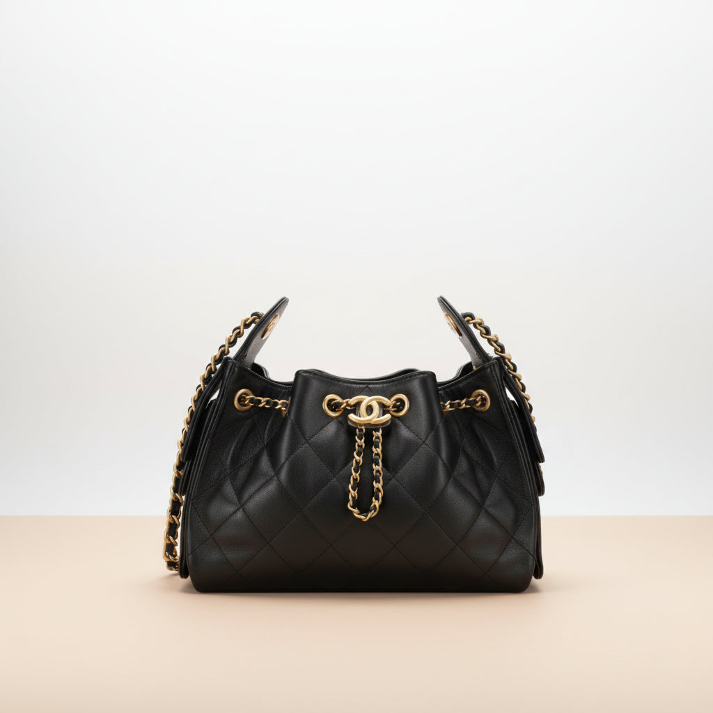Chanel 25 bucket style hobo bag in quilted grained calfskin with chain drawstring and CC turnlock side pockets