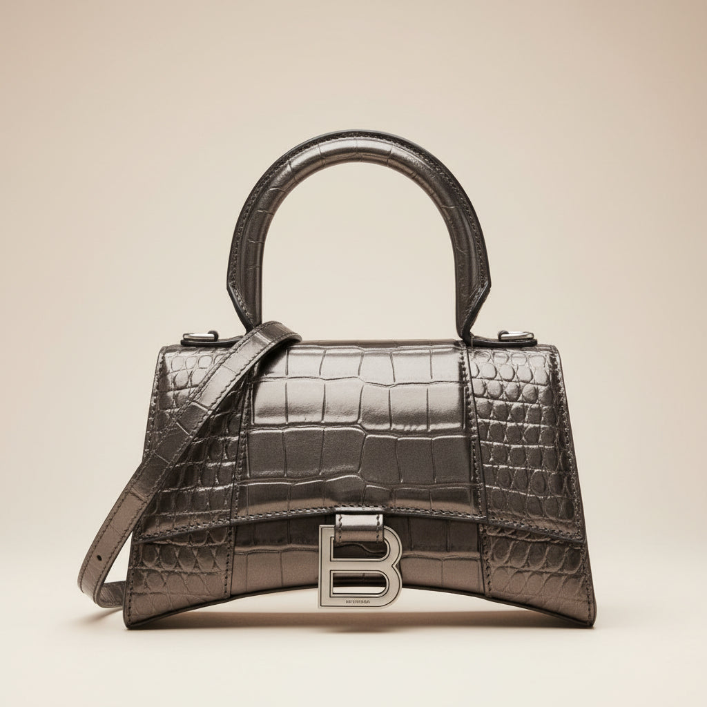 Balenciaga Hourglass XS top handle bag in croc-embossed leather with B logo buckle and detachable shoulder strap