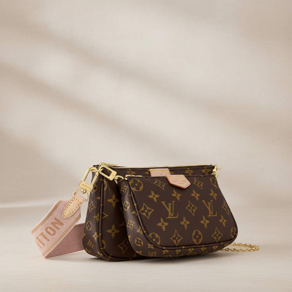 Louis Vuitton Multi Pochette Accessoires in Monogram canvas with three pouches, logo webbing strap and gold chain