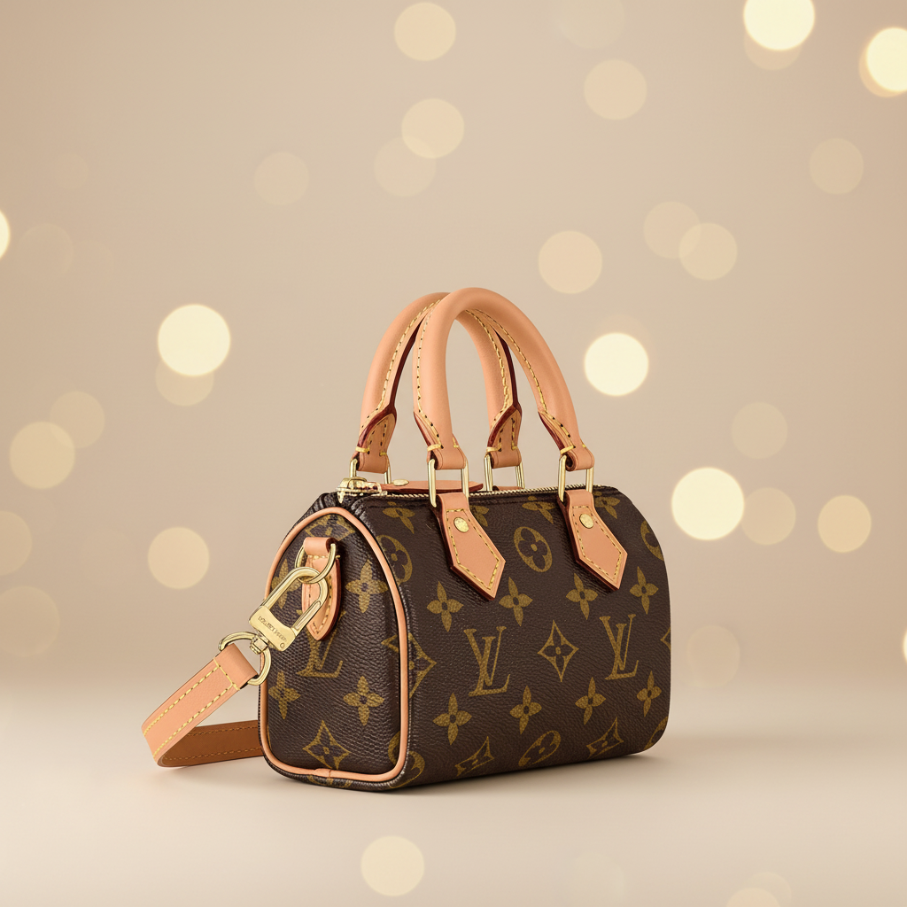 Louis Vuitton Nano Speedy in Monogram canvas with leather handles, gold-tone zip and removable strap
