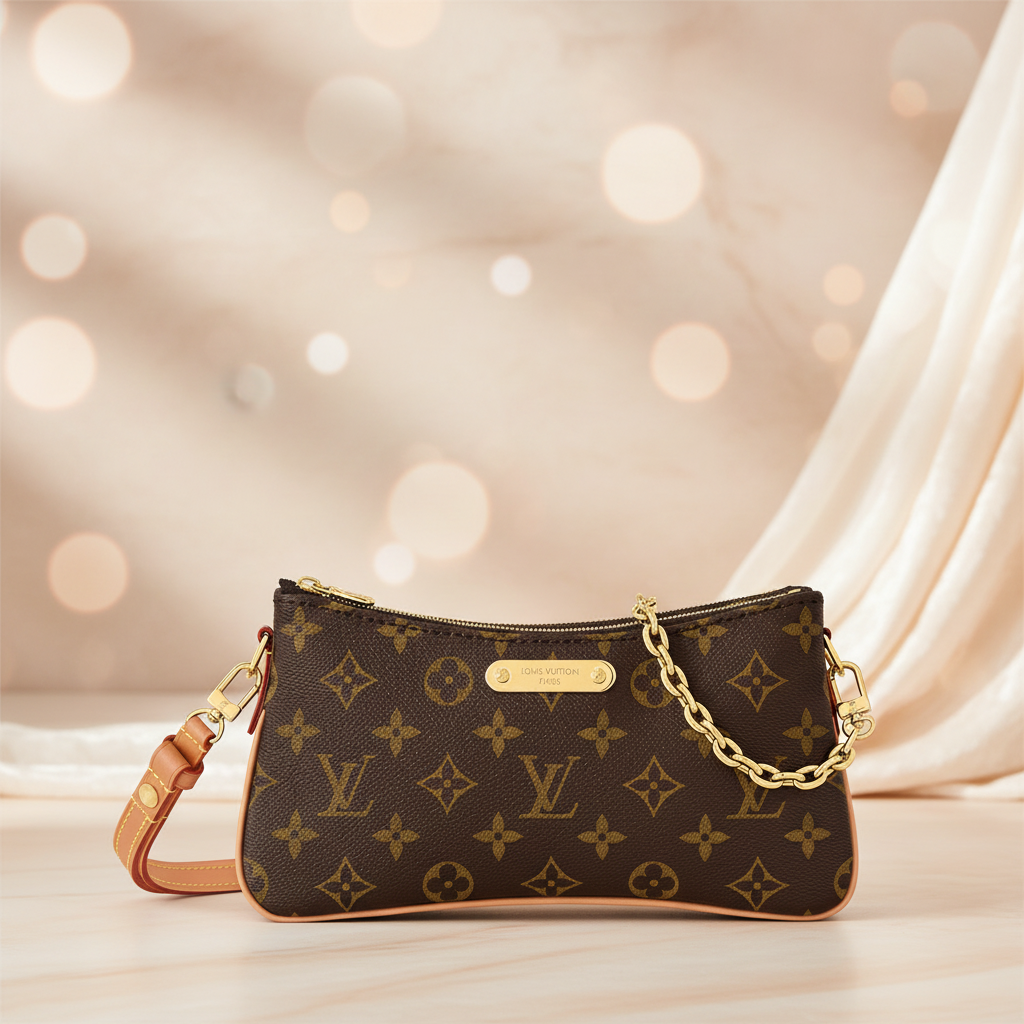 Louis Vuitton Double Zip Pochette in Monogram canvas with gold chain handle and adjustable leather strap